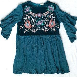UMGEE Women's Embroidered Floral PatternTurquoise Babydoll Blouse Size Small